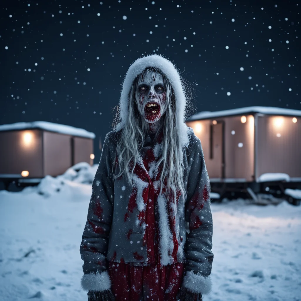 aivery lonely christmas zombie girl%2C covered with snow at an uncanny dark trailer park at night. horror good looking trending fantastic 1