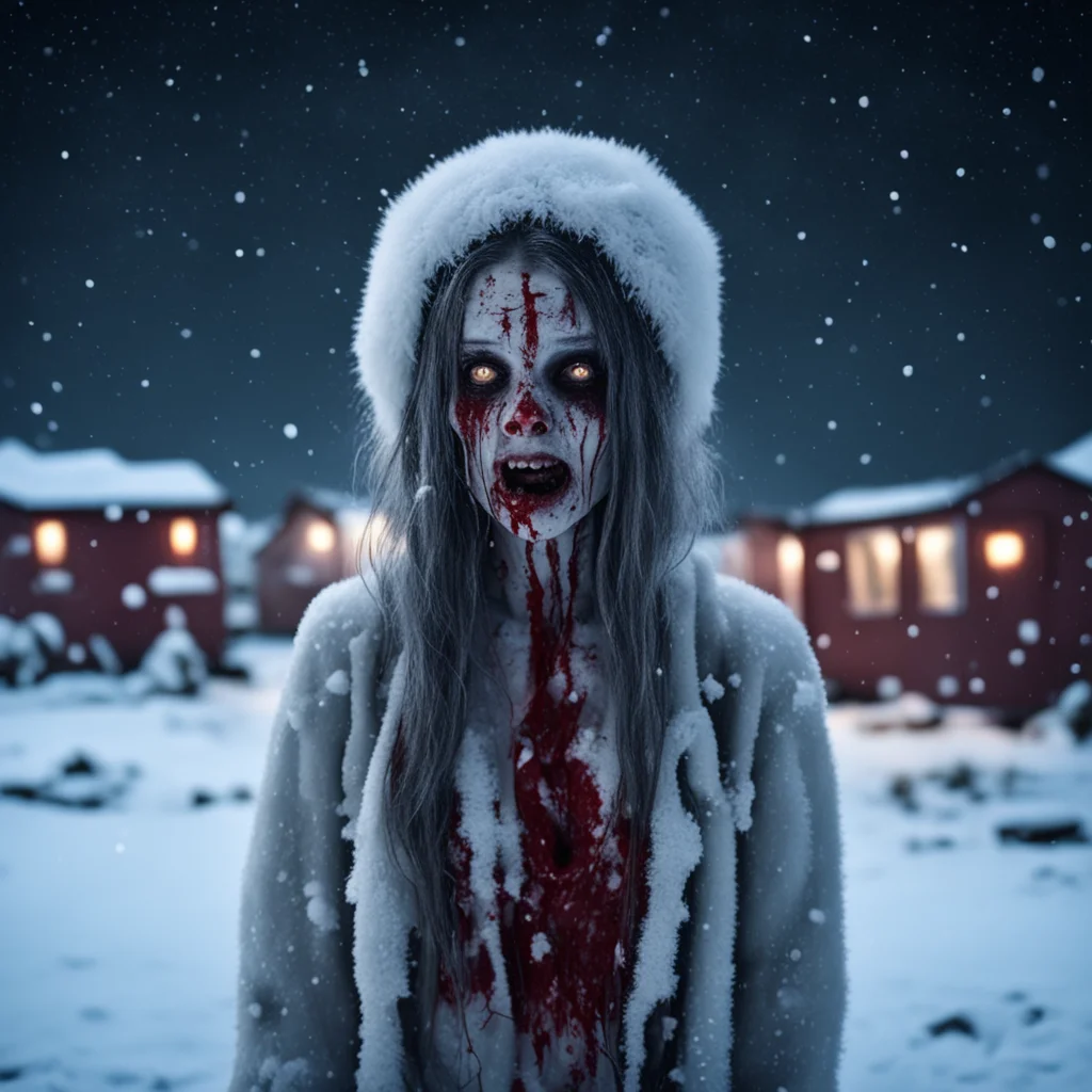 aivery lonely christmas zombie girl%2C covered with snow at an uncanny dark trailer park at night. horror