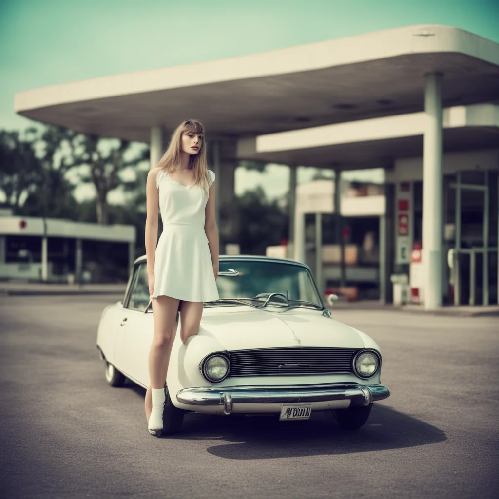 aivery lonely girl in a mini white dress with her old car at a mysterious gas station   uncanny polaroid style good looking trending fantastic 1