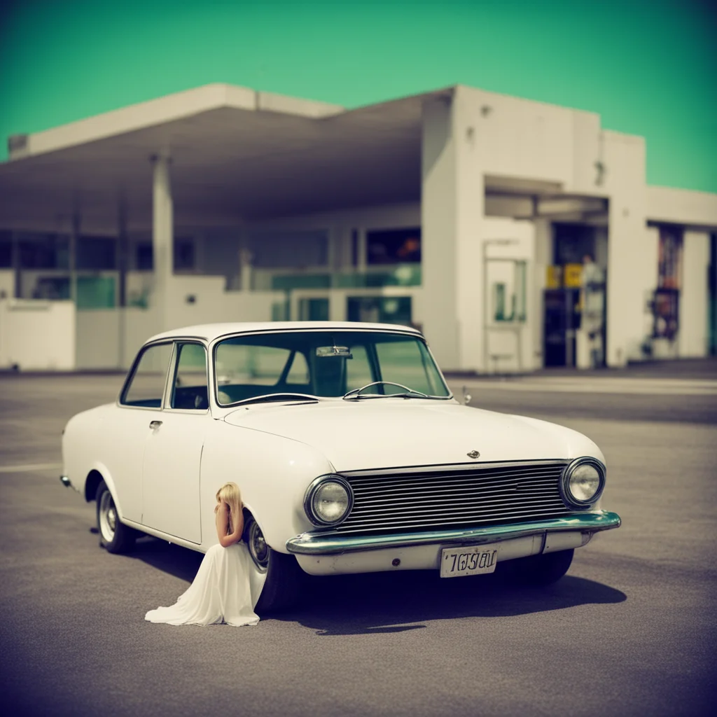 aivery lonely girl in a mini white dress with her old car at a mysterious gas station   uncanny polaroid style