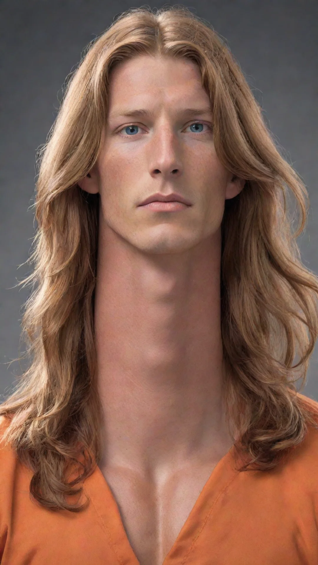 aivery realistic trevor lawrence%2C very long light reddish brown hair%2C grey eyes%2C wearing orange tibetan clothing%2C large muscles and neck freckles tall