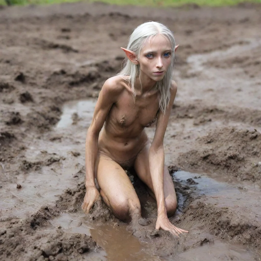 very skinny high elf in tiny metal bikinis crawls in mud 
