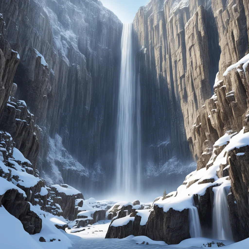 very tall waterfall colossal greek temples carved into the side of subterranean rocky cliffs snow falls from above height perspective insanely detailed intr good looking trending fantastic 1