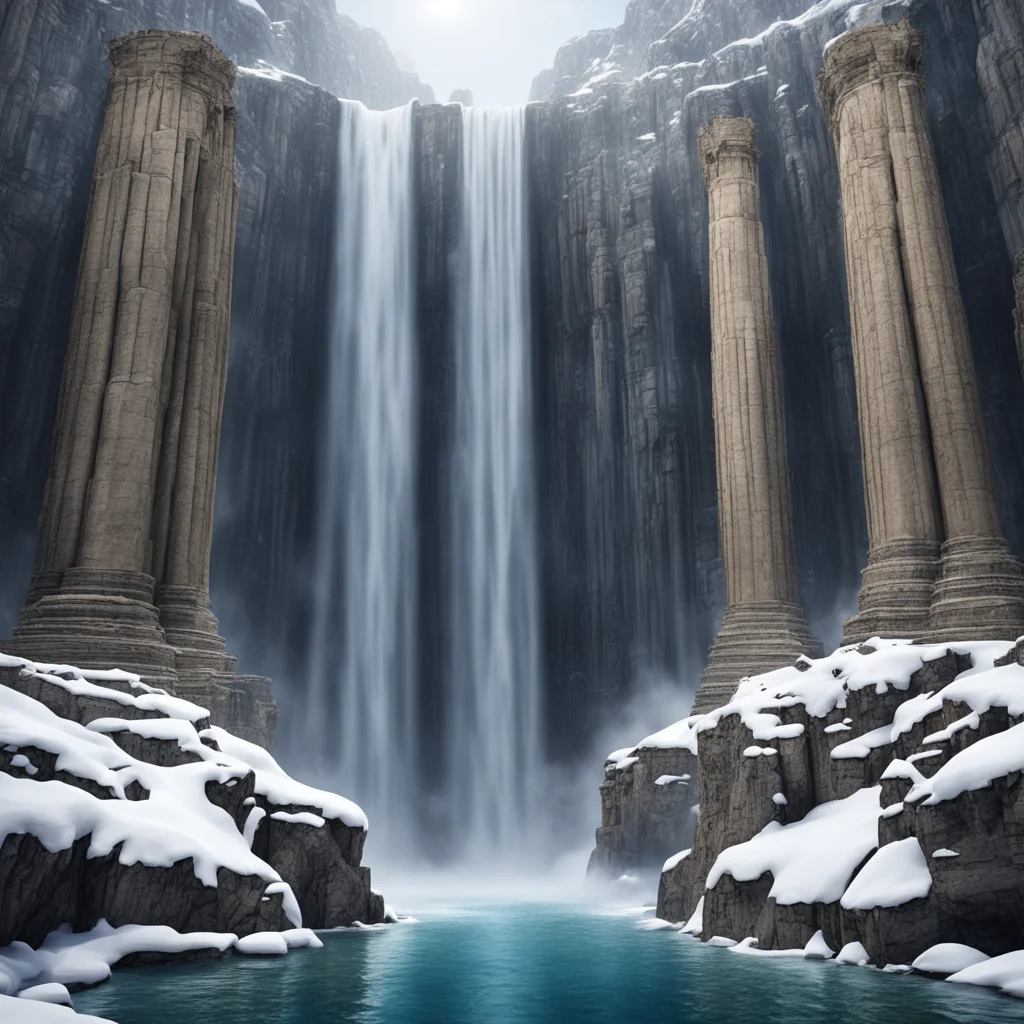 very tall waterfall colossal greek temples carved into the side of subterranean rocky cliffs snow falls from above height perspective insanely detailed intr