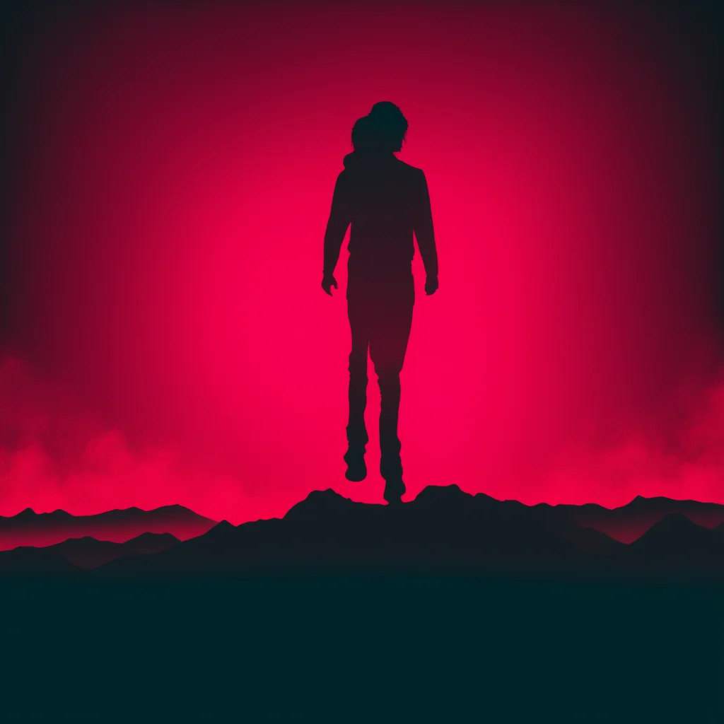 vhs style black silhouette of person on a hill red 