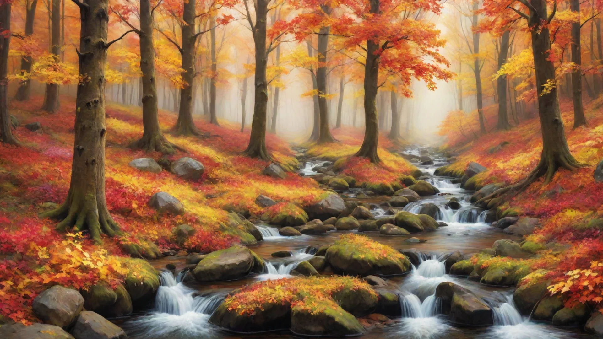 aivibrantly colorful cozy autumn forest with a stream art wallpaper wide