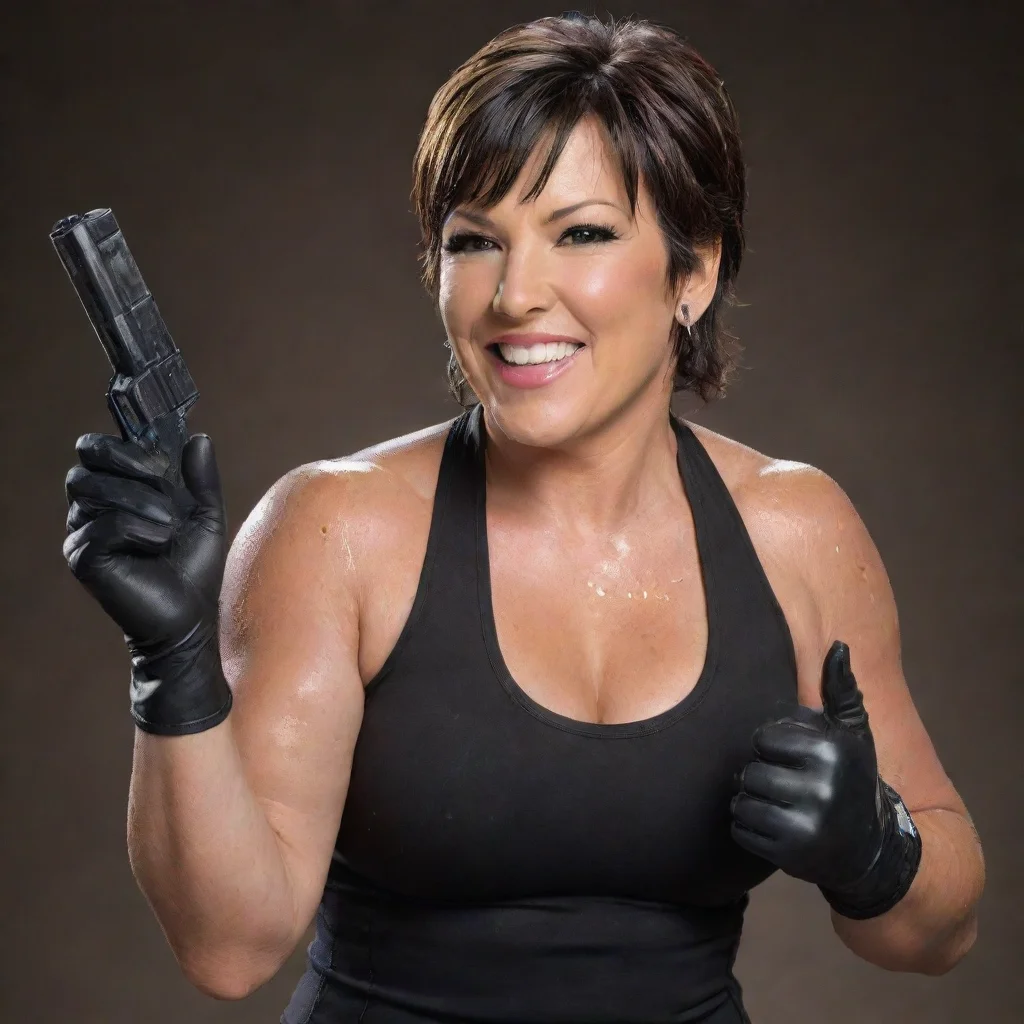 vickie guerrero from wwe smiling with black  nitrile gloves and gun and mayonnaise splattered everywhere
