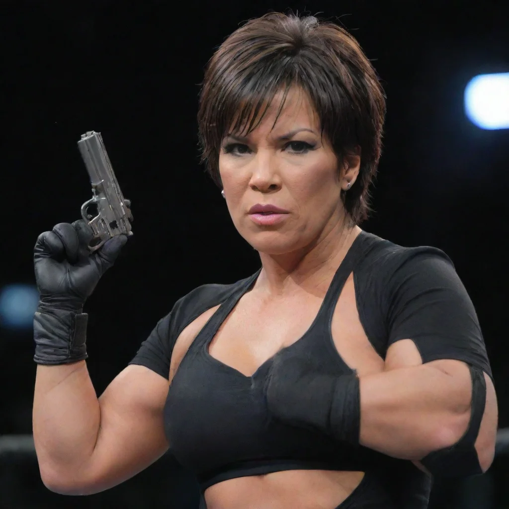 vickie guerrero with black gloves and gun