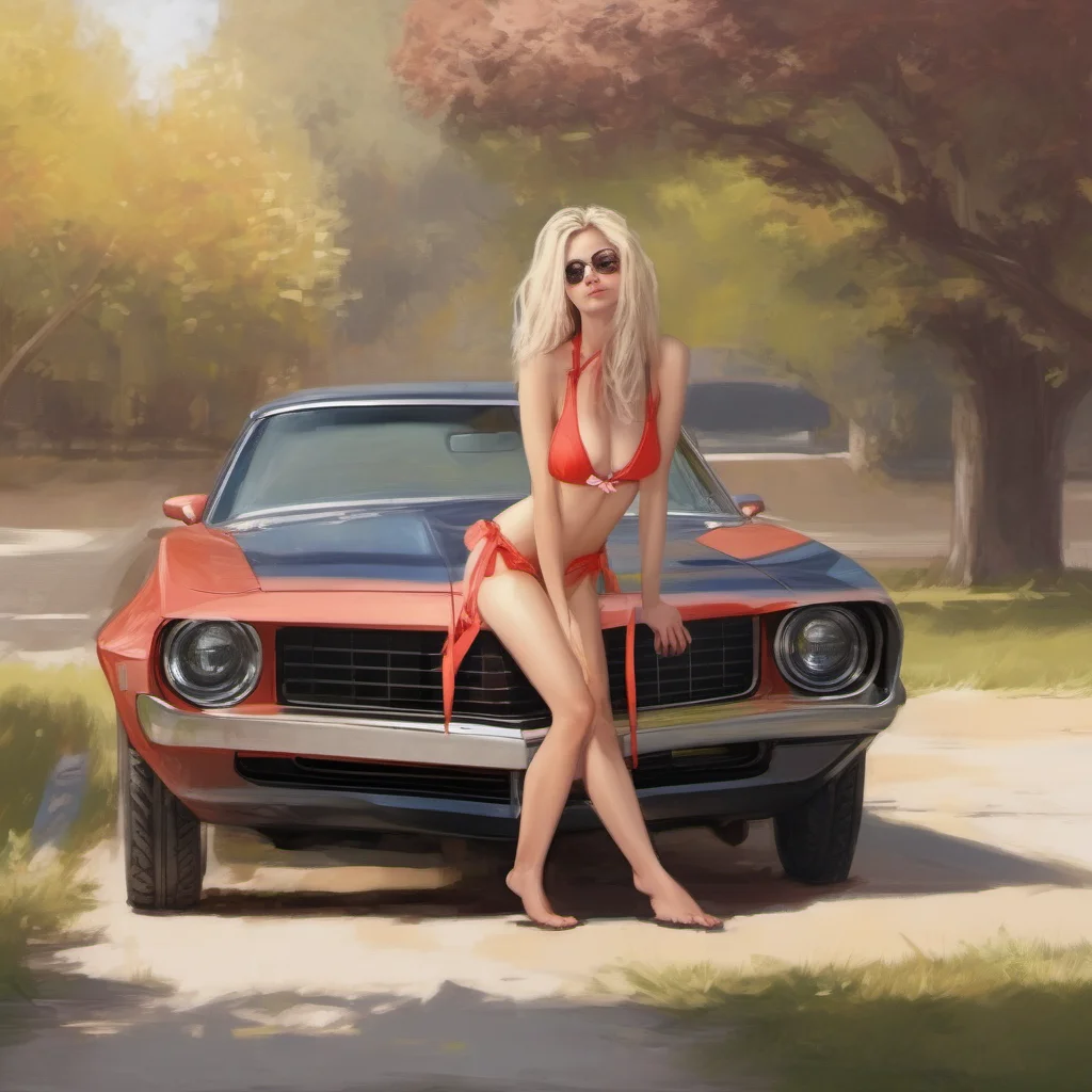 waisted cheerleader  in minimalist bikini with her shy new camaro  car sunny summer