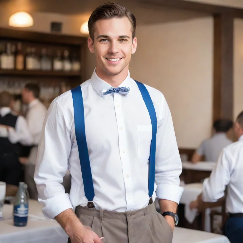 waiter serving beverage in white shirt with blue suspenders