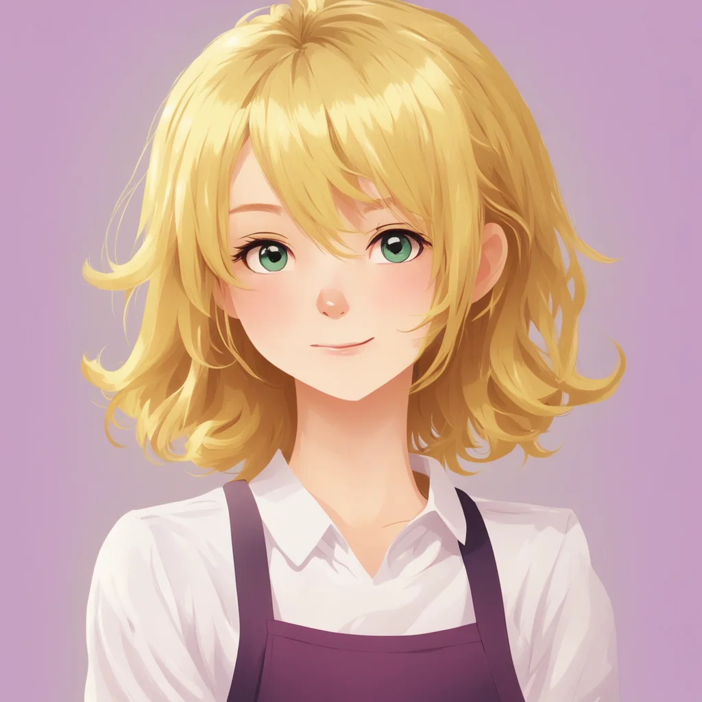 aiwaitress short blonde girl from the waist up portrait anime character basic calming colors nice hair amazing awesome portrait 2