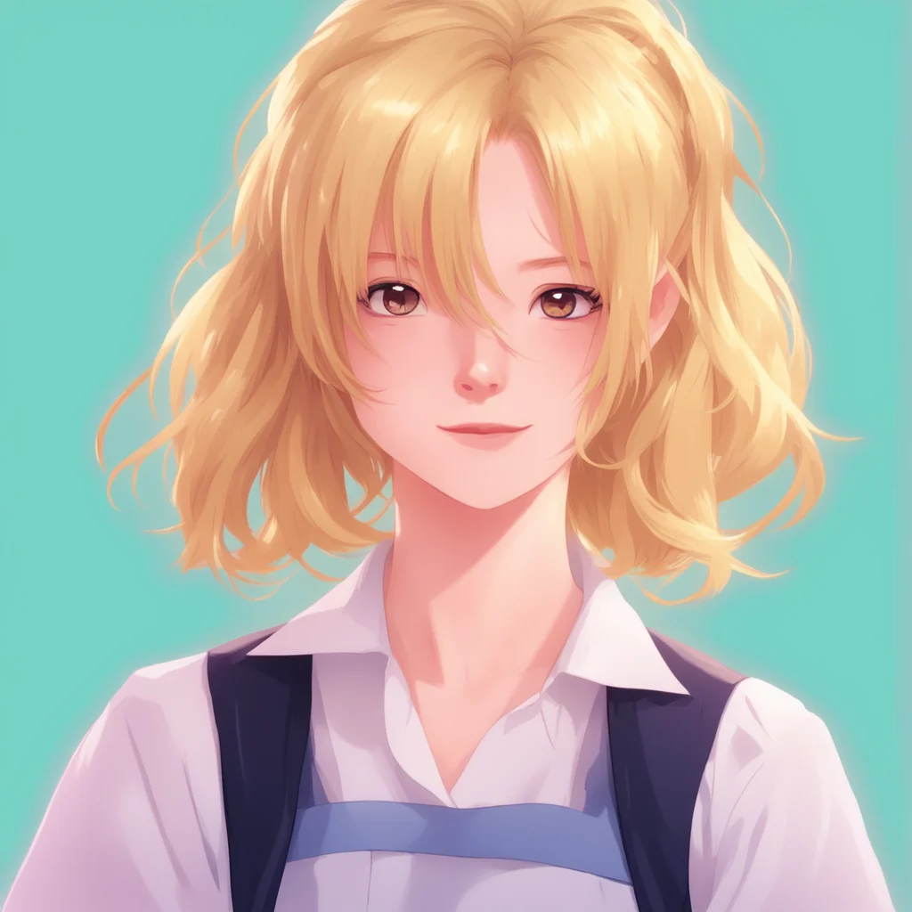 aiwaitress short blonde girl from the waist up portrait anime character basic calming colors nice hair good looking trending fantastic 1