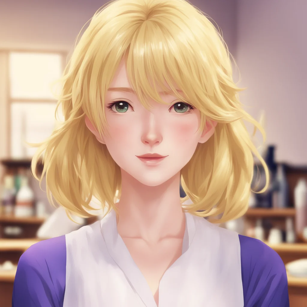 aiwaitress short blonde girl from the waist up portrait anime character basic calming colors nice hair