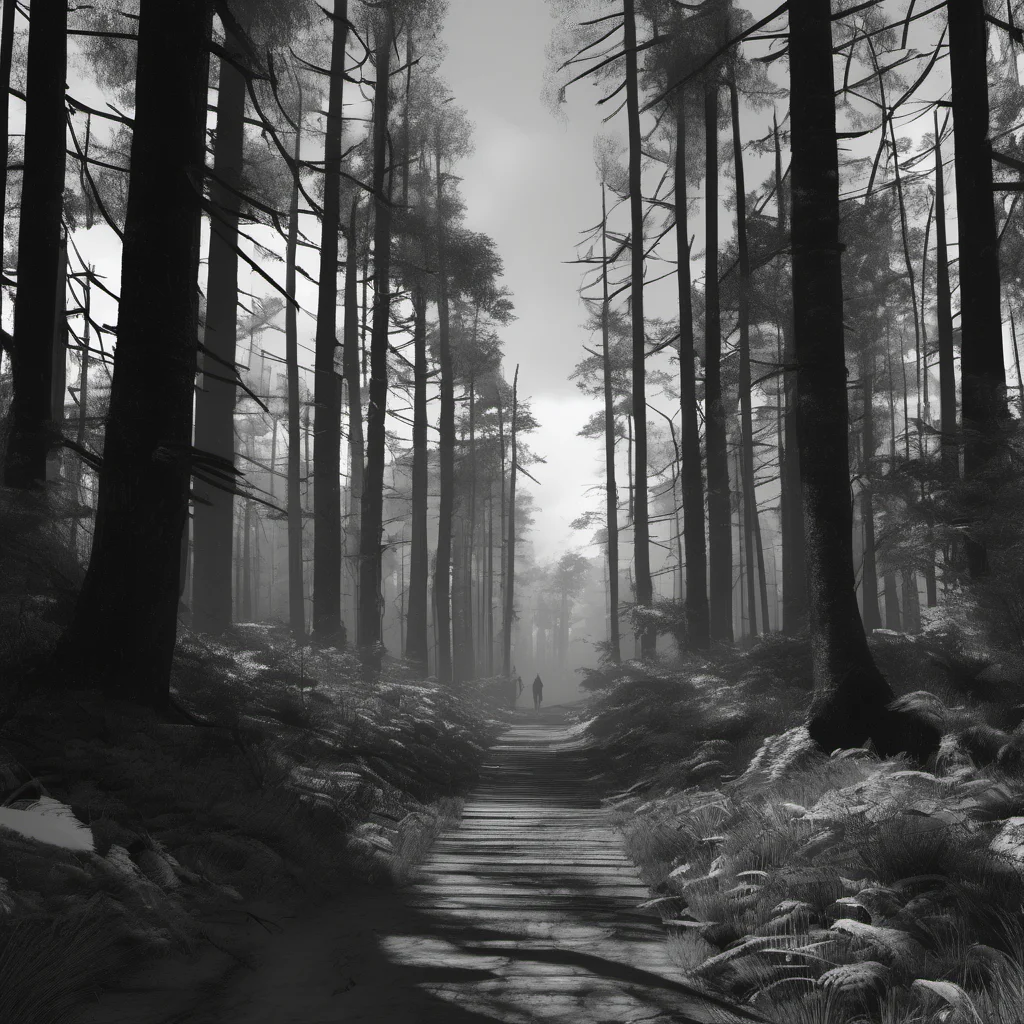 aiwalk through forest hyperrealistic first person view noir