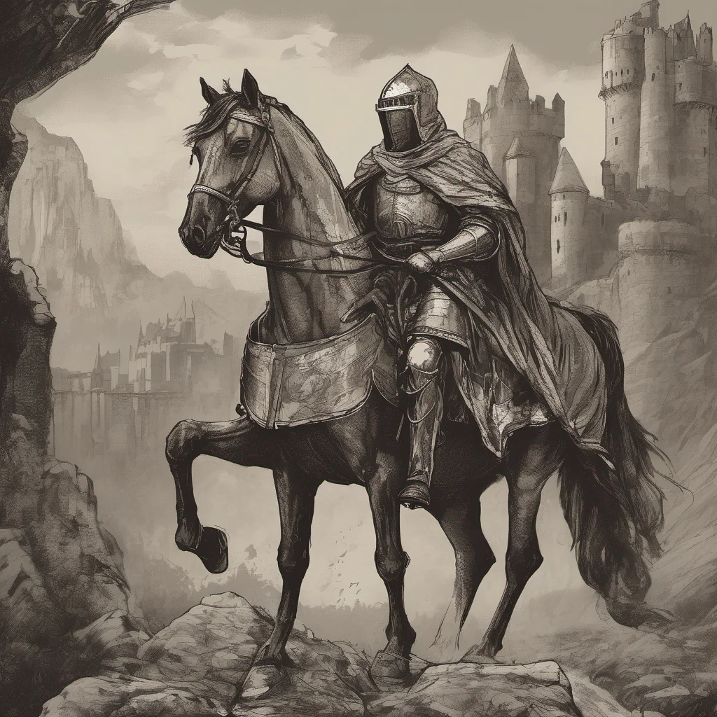 wanderer knight on horseback heroic epic journey castle backdrop