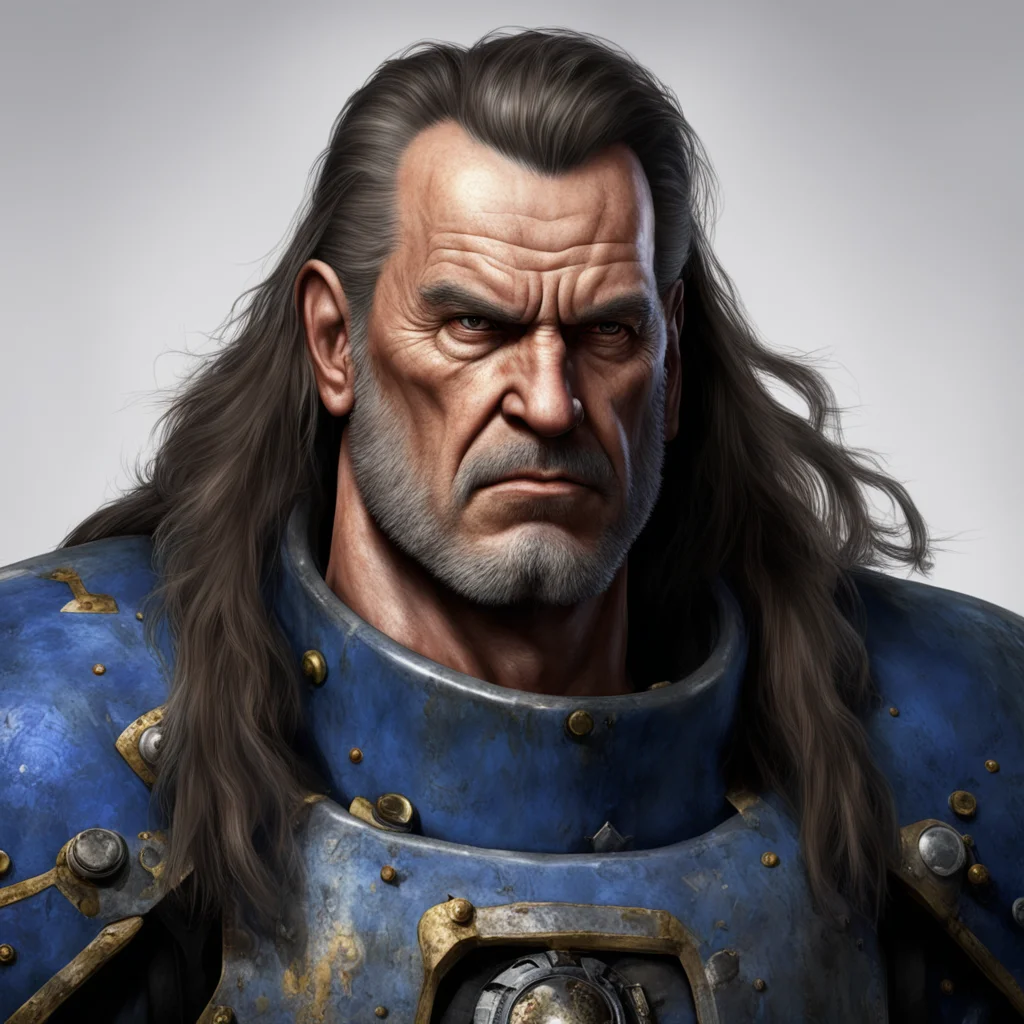 aiwarhammer 40k. a portrait of a middle aged space marine with long unkempt brown hair with streaks of grey above his ears. amazing awesome portrait 2