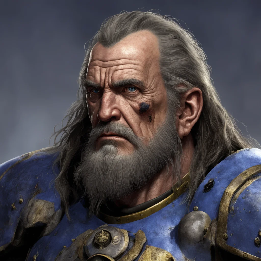 aiwarhammer 40k. a portrait of a middle aged space marine with long unkempt brown hair with streaks of grey above his ears.