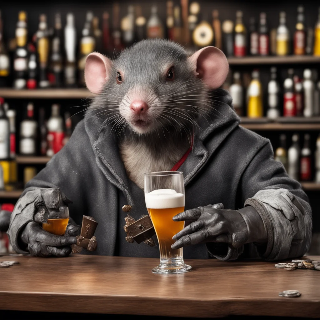 aiwarhammer scaven rat behind the bar table holding a  beer and 2 of clubs leaning to the camera over the table 