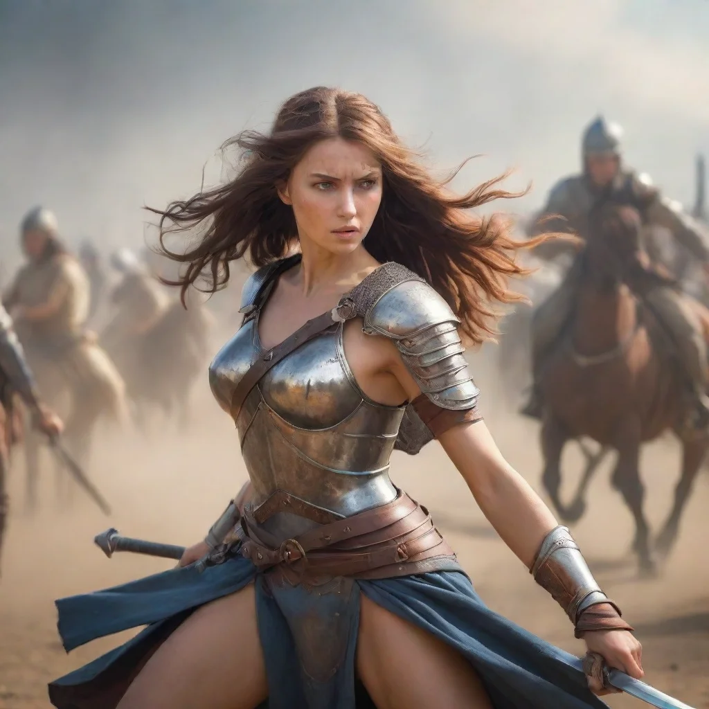aiwarrior princess in full plate draws her sword. on the background%2C cavalry prepares to attack.