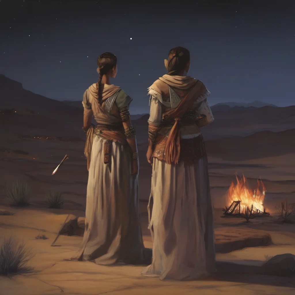 aiwarrior women in tunic%2C overlooking a desert at night beside a fire.  amazing awesome portrait 2