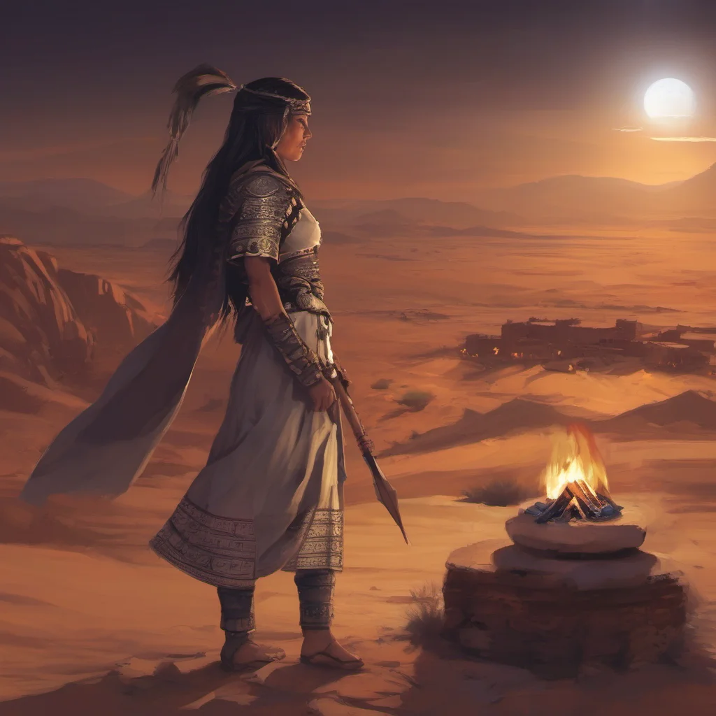 aiwarrior women in tunic%2C overlooking a desert at night beside a fire.  confident engaging wow artstation art 3