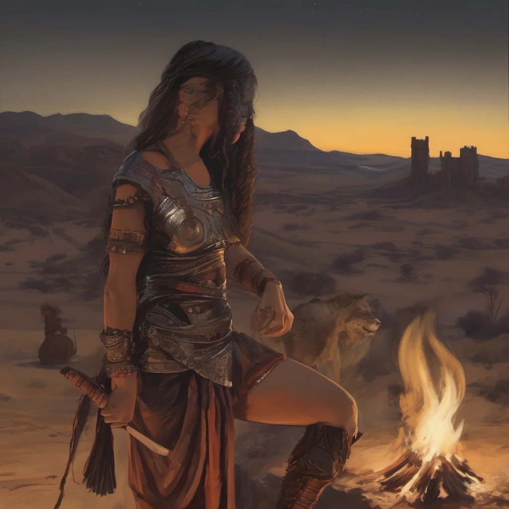 aiwarrior women in tunic%2C overlooking a desert at night beside a fire.  good looking trending fantastic 1