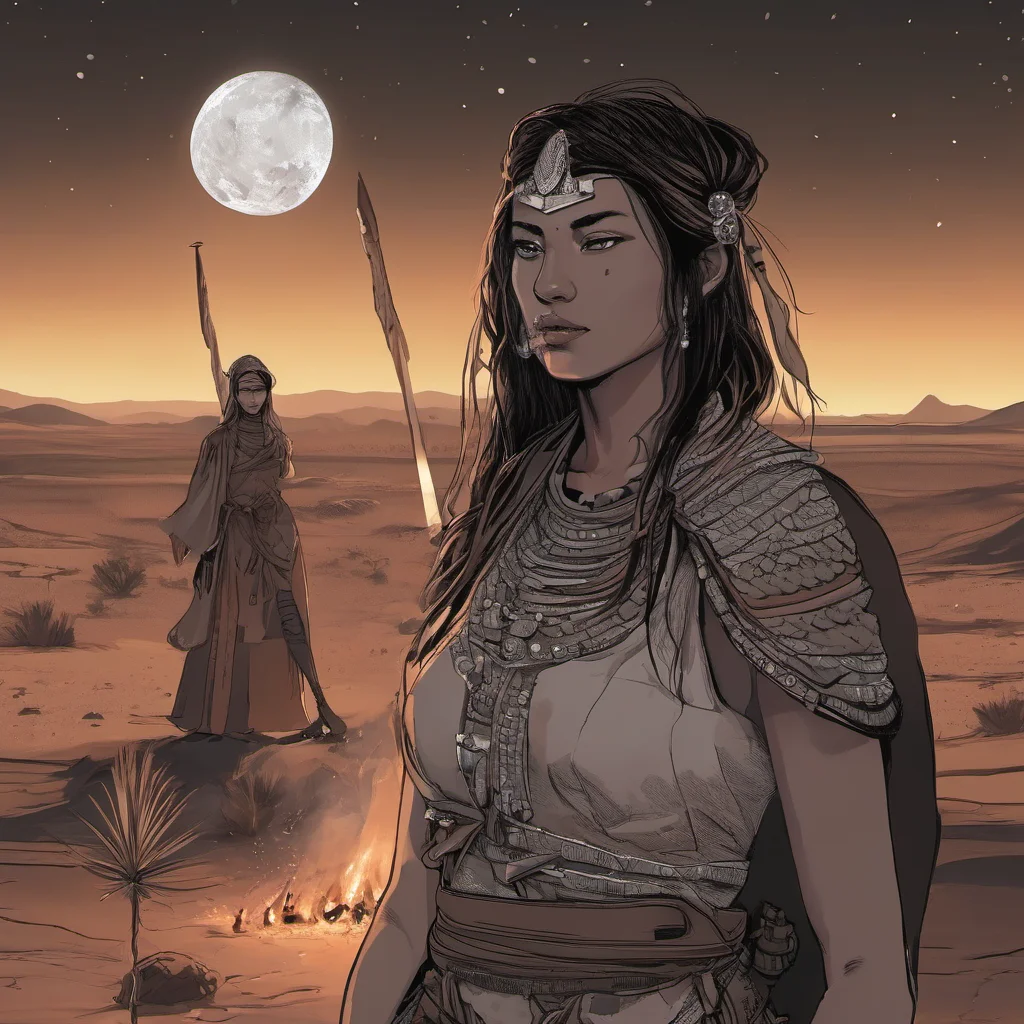 aiwarrior women in tunic%2C overlooking a desert at night beside a fire. 