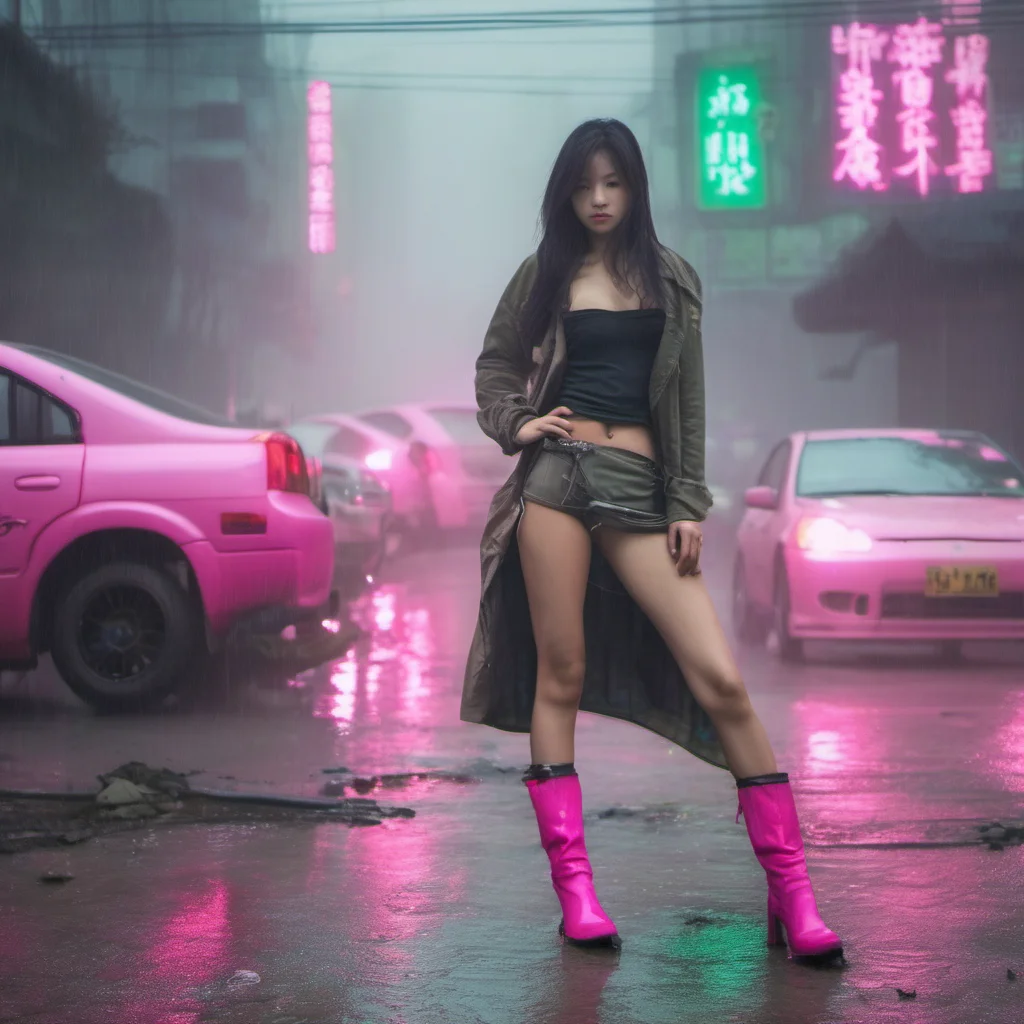 wasted chinese bikini girl pink boots swith her scratched old green nissan foggy  rainy smog city pink lights amazing awesome portrait 2