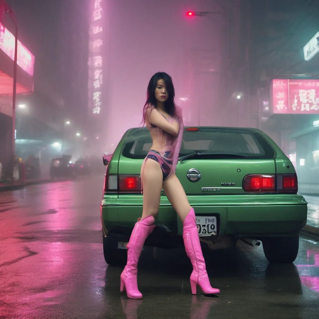 aiwasted chinese bikini girl pink boots swith her scratched old green nissan foggy  rainy smog city pink lights good looking trending fantastic 1
