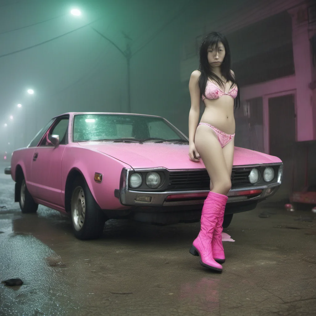 wasted chinese bikini girl pink boots swith her scratched old green nissan foggy  rainy smog city pink lights mysterious  medium format art photo good looking trending fantastic 1