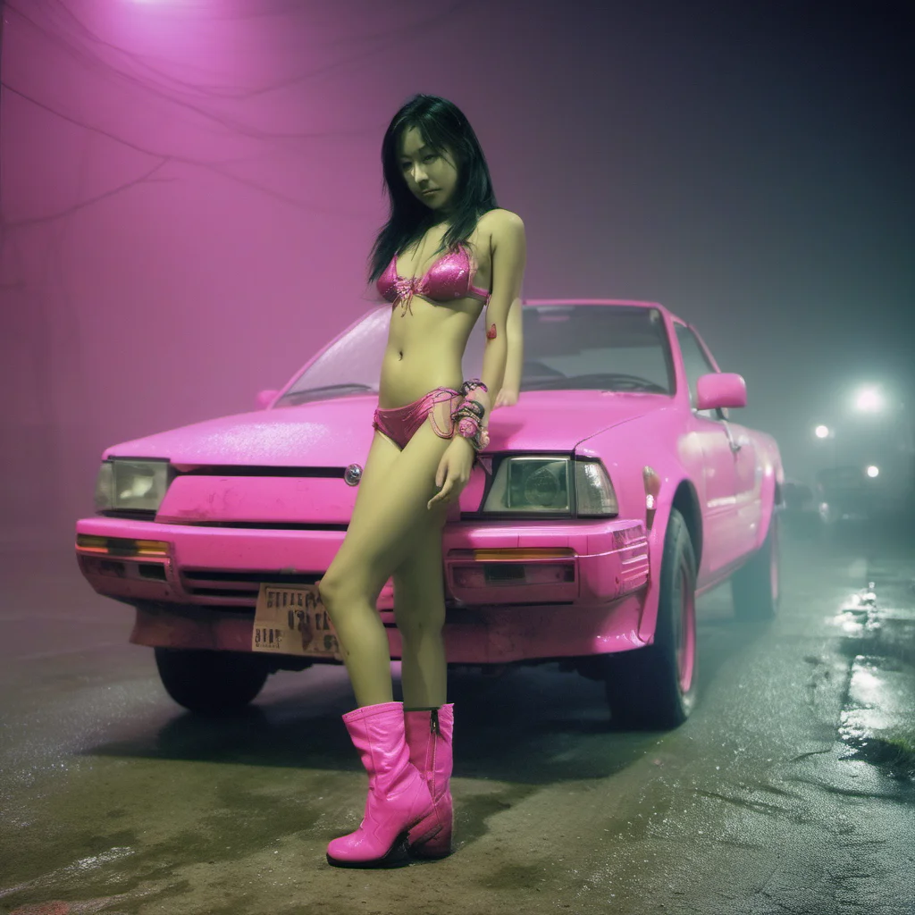 wasted chinese bikini girl pink boots swith her scratched old green nissan foggy  rainy smog city pink lights mysterious  medium format art photo