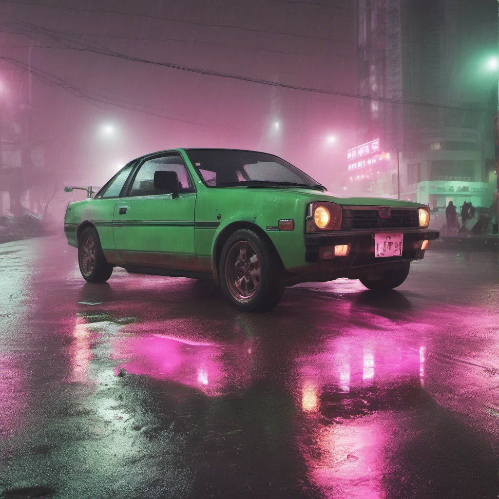 wasted chinese bikini girl pink boots swith her scratched old green nissan foggy  rainy smog city pink lights