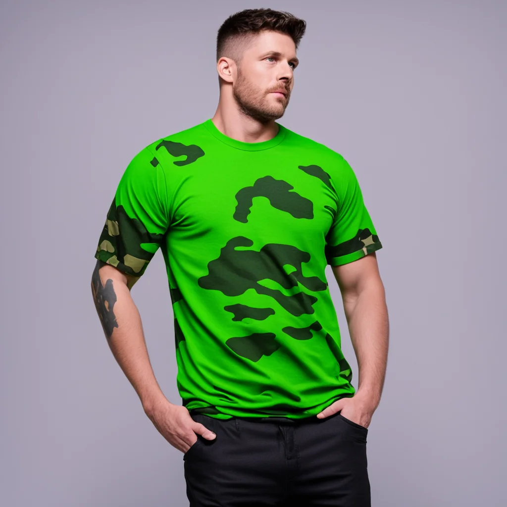 aiwedgie%2C a guy wore a green shirt with camouflage sleeves and there was a hand in the center. he wore black pants. amazing awesome portrait 2