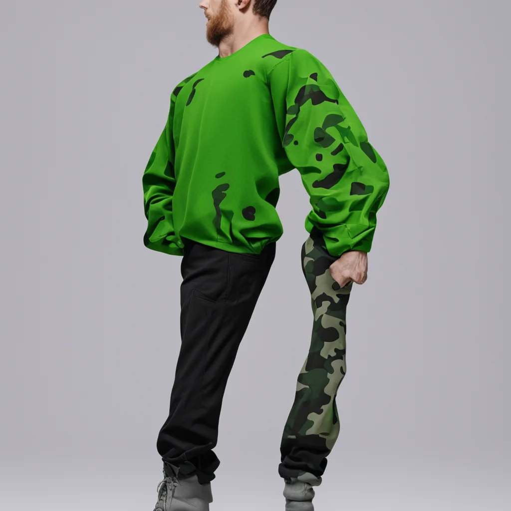 aiwedgie%2C a guy wore a green shirt with camouflage sleeves and there was a hand in the center. he wore black pants. good looking trending fantastic 1