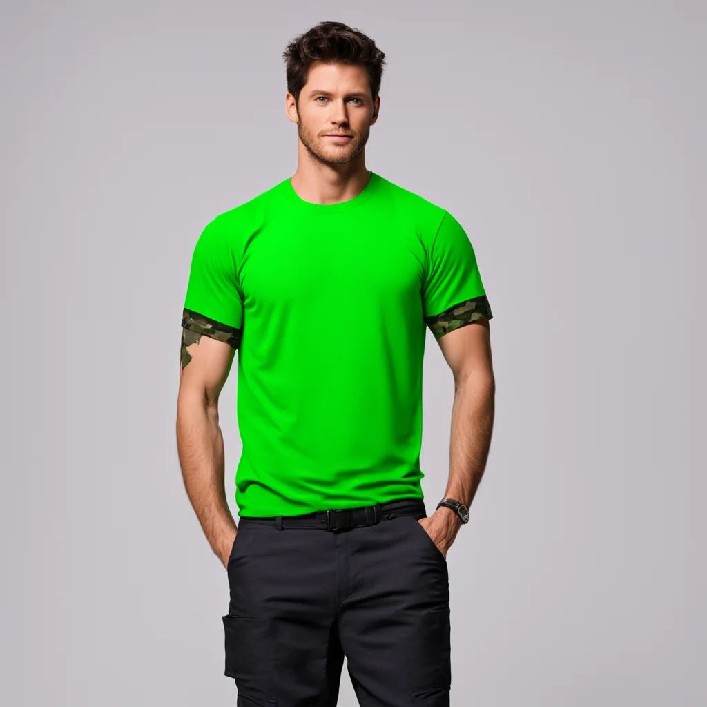aiwedgie%2C a guy wore a green shirt with camouflage sleeves and there was a hand in the center. he wore black pants.