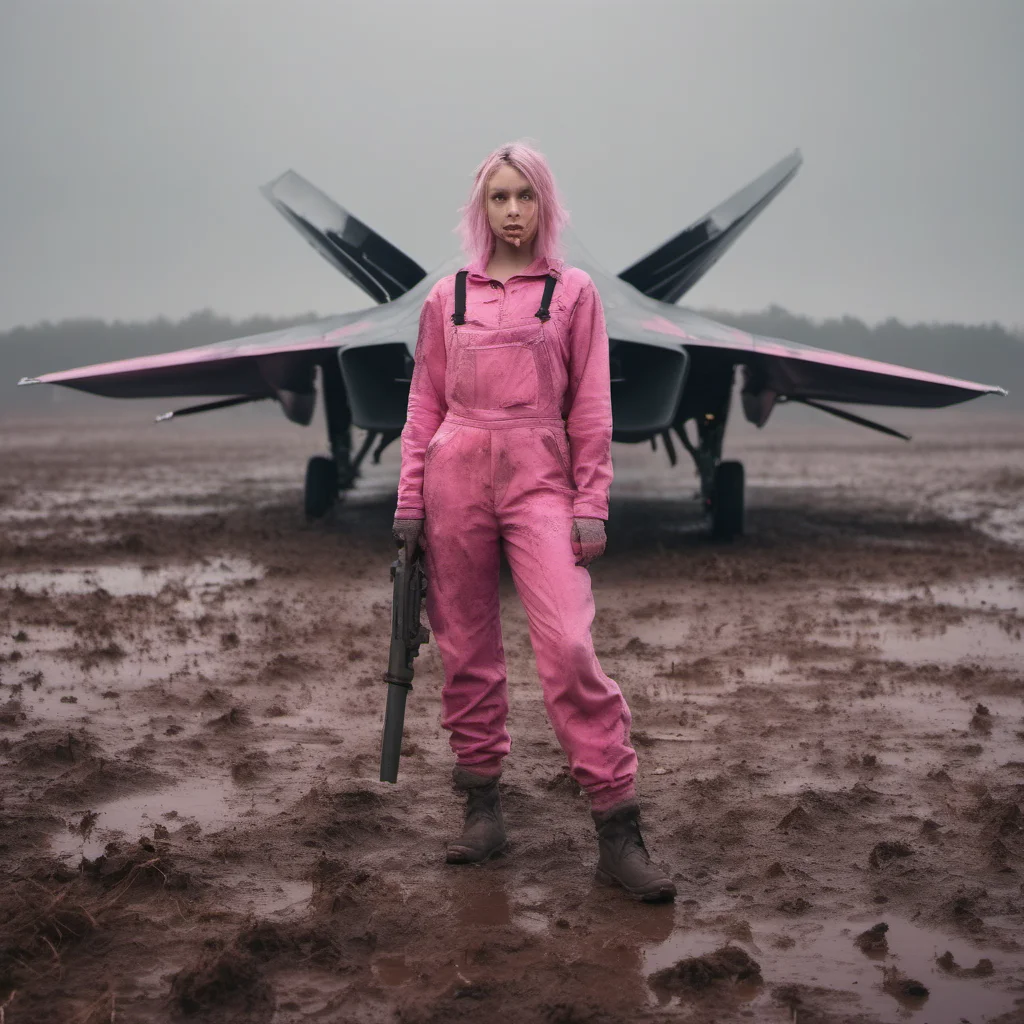aiweird girl in pink overall and big knife%2C posing with a joint strike fighter   in a muddy misty field amazing awesome portrait 2