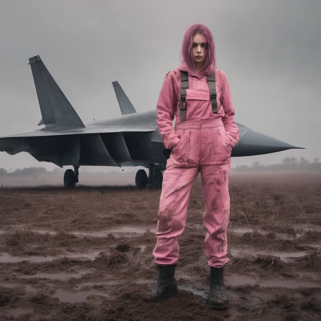 aiweird girl in pink overall and big knife%2C posing with a joint strike fighter   in a muddy misty field good looking trending fantastic 1