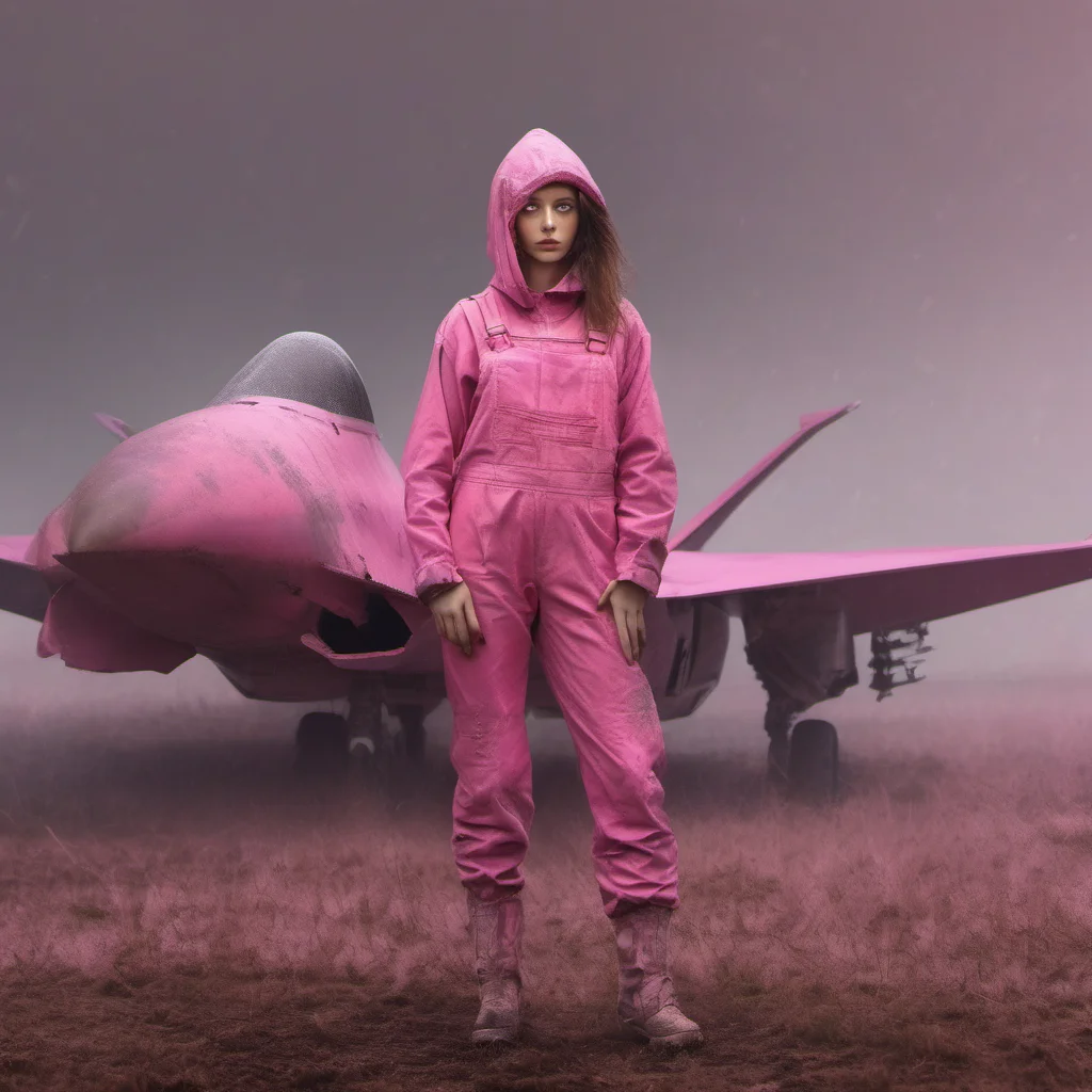 aiweird girl in pink overall and big knife%2C posing with a joint strike fighter   in a muddy misty field