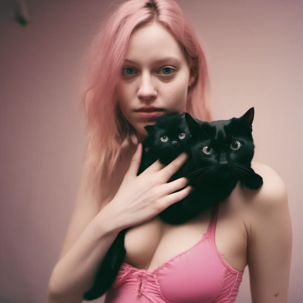 weird thin 24 yo girl in pink bra   holding a black cat   natural cinematic cross process confident engaging wow artstation art 3