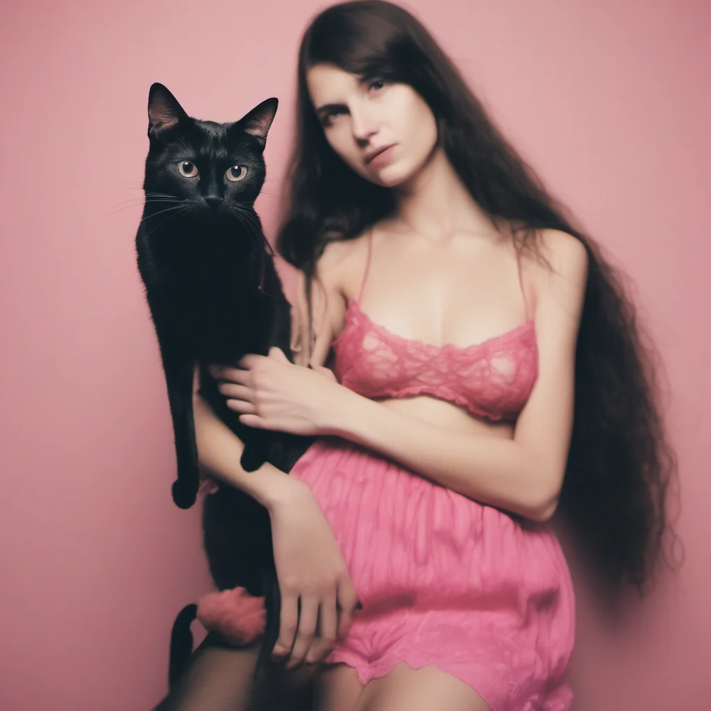 weird thin 24 yo girl in pink bra   holding a black cat   natural cinematic cross process good looking trending fantastic 1
