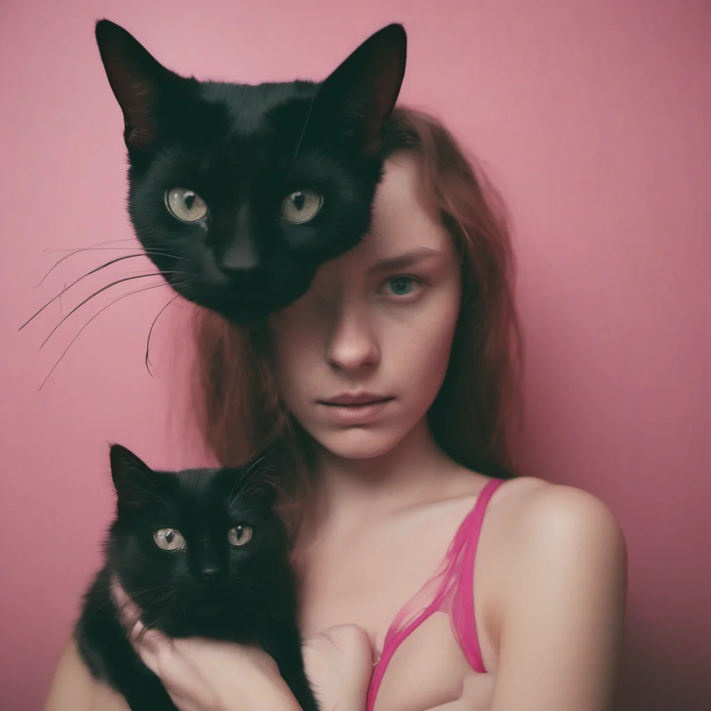 weird thin 24 yo girl in pink bra   holding a black cat   natural cinematic cross process