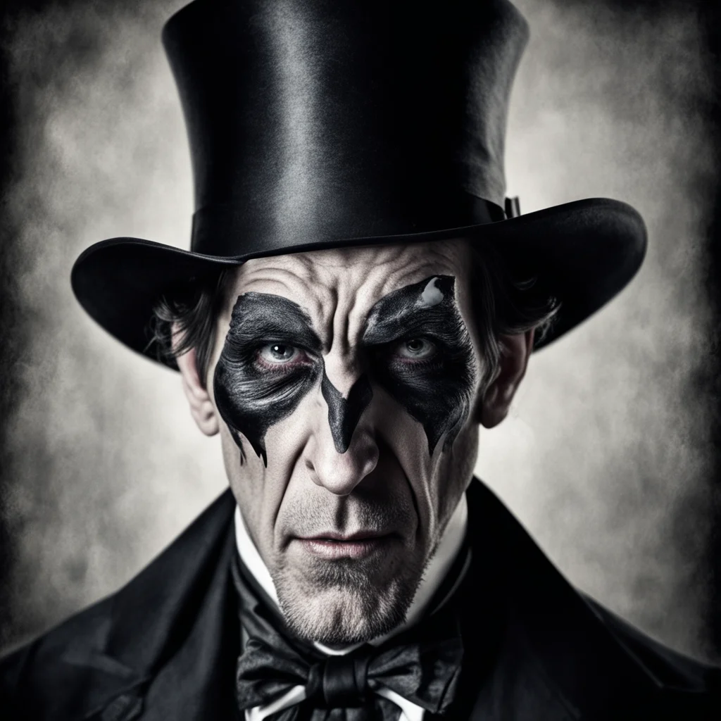 western man menacing portrait bright eyes vampire top hat facial tatoos