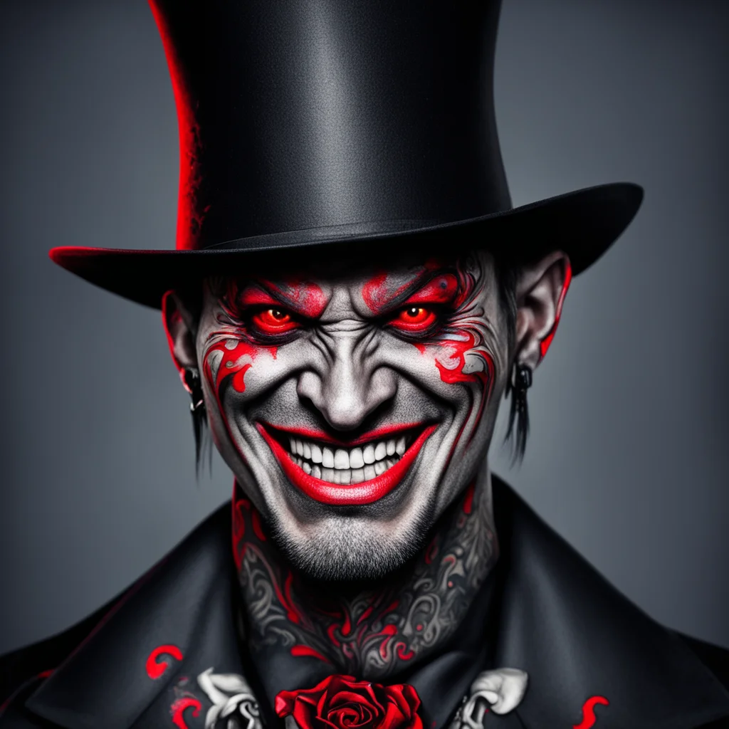 western man moko facial tatoos menacing portrait red eyes vampire top hat smile confident engaging wow artstation art 3