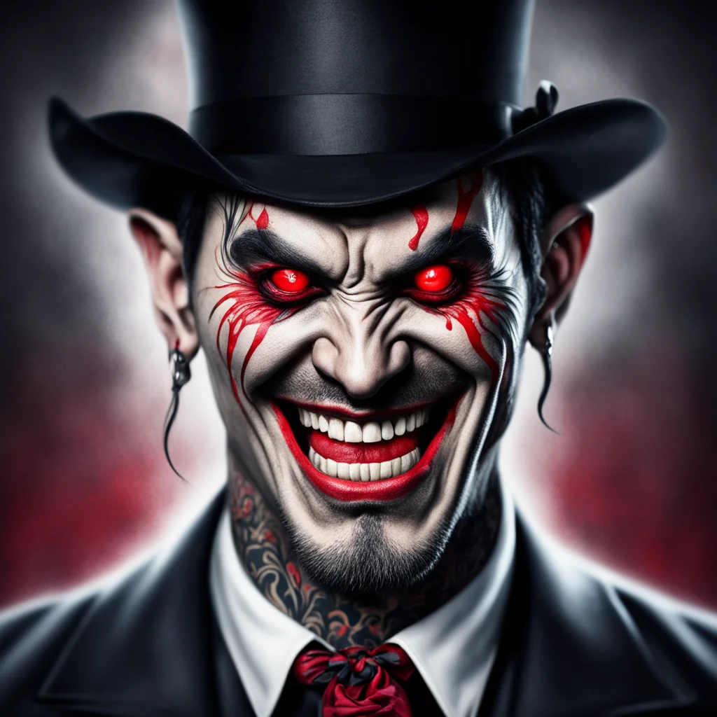 western man moko facial tatoos menacing portrait red eyes vampire top hat smile