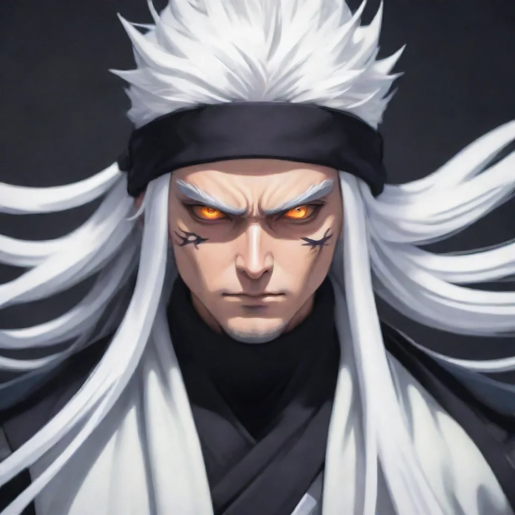 aiwhite haired ninja with white menacing eyes who uses electric techniques