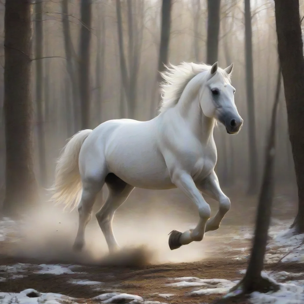 aiwhite horse gallops in forest