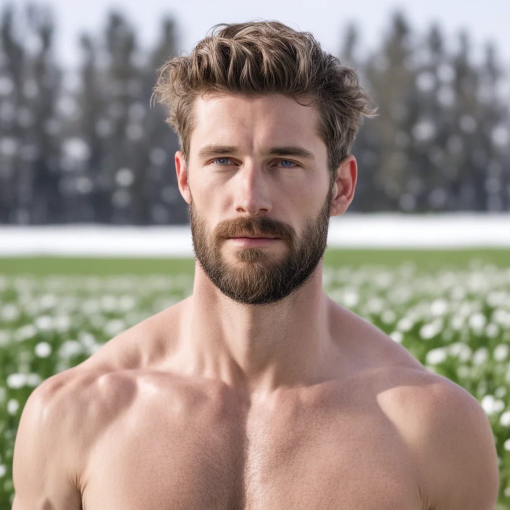 aiwhite man with ivy league hair%2C he has stubble beard%2C with no shirt at the fields in the winter. amazing awesome portrait 2
