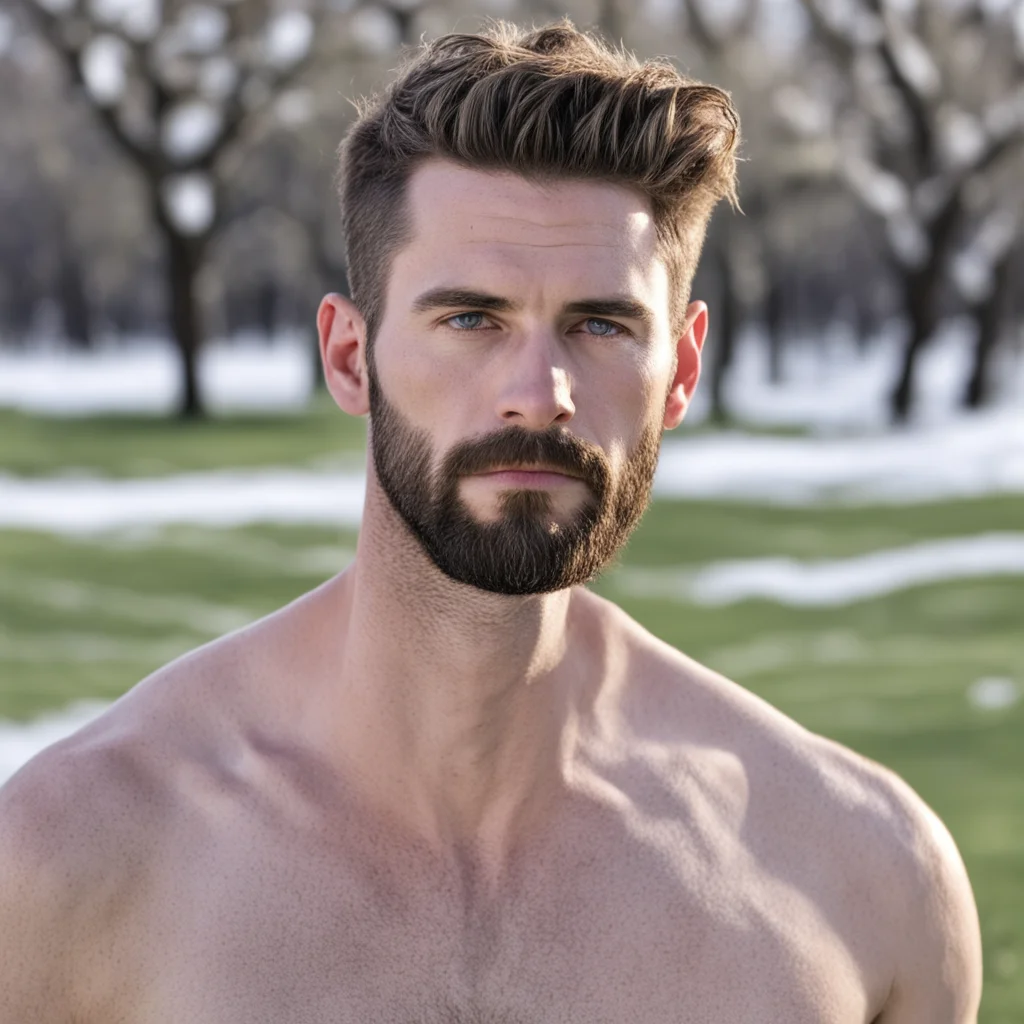aiwhite man with ivy league hair%2C he has stubble beard%2C with no shirt at the fields in the winter. good looking trending fantastic 1