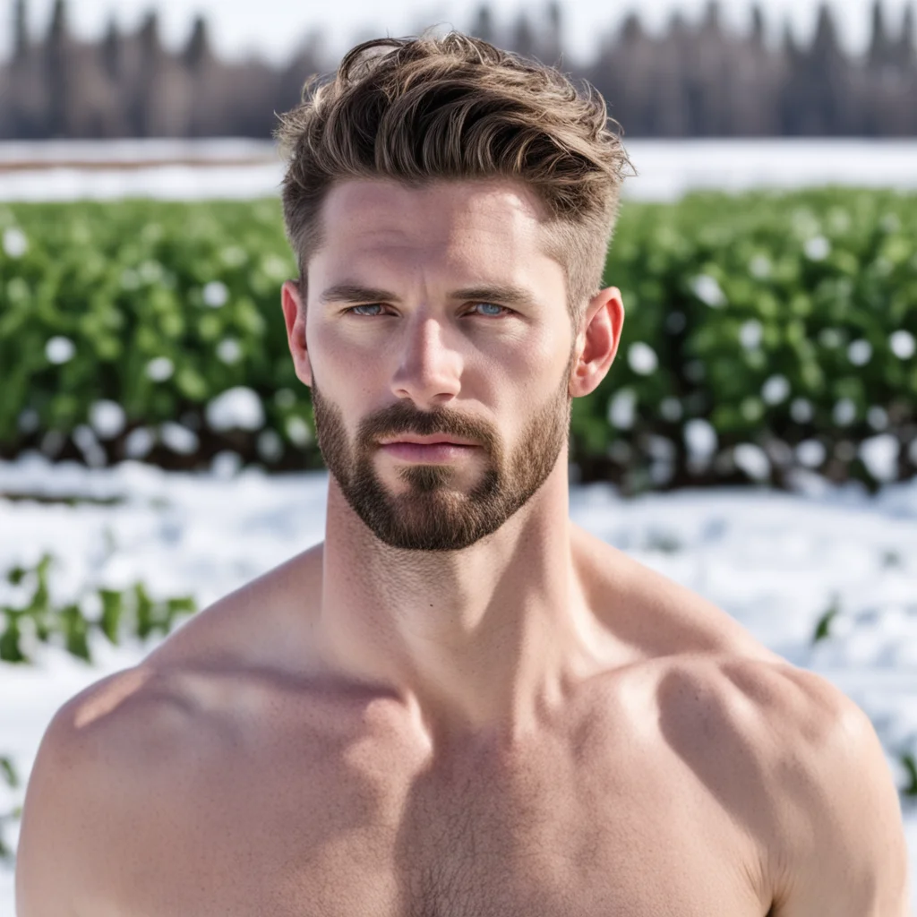 aiwhite man with ivy league hair%2C he has stubble beard%2C with no shirt at the fields in the winter.