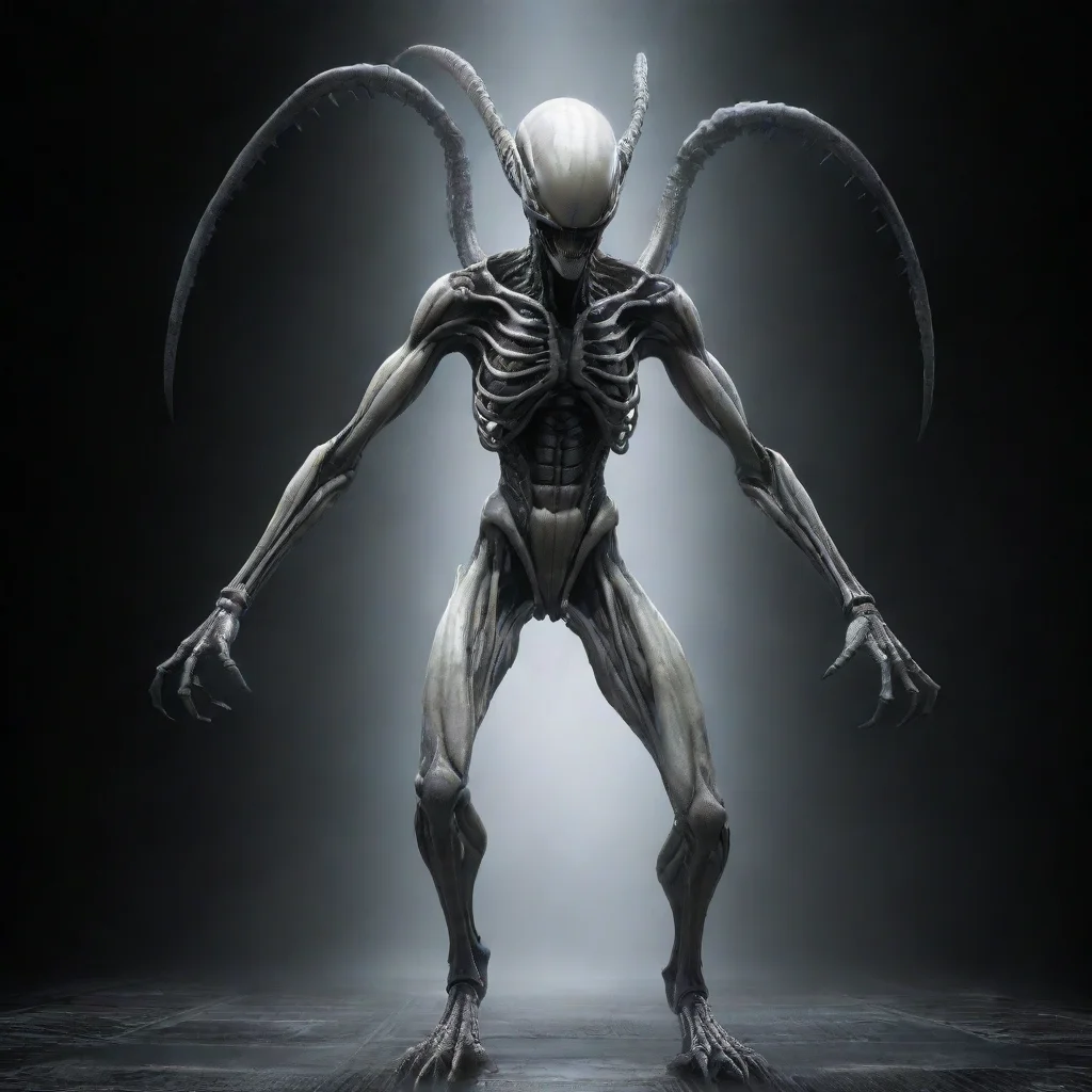 white xenomorph giger creature  standing facing front  image full body arms wide apart no background no tail